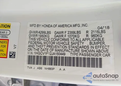 2018 Honda Accord Lx из США, поврежденный, VIN 1HGCV1F12JA150449